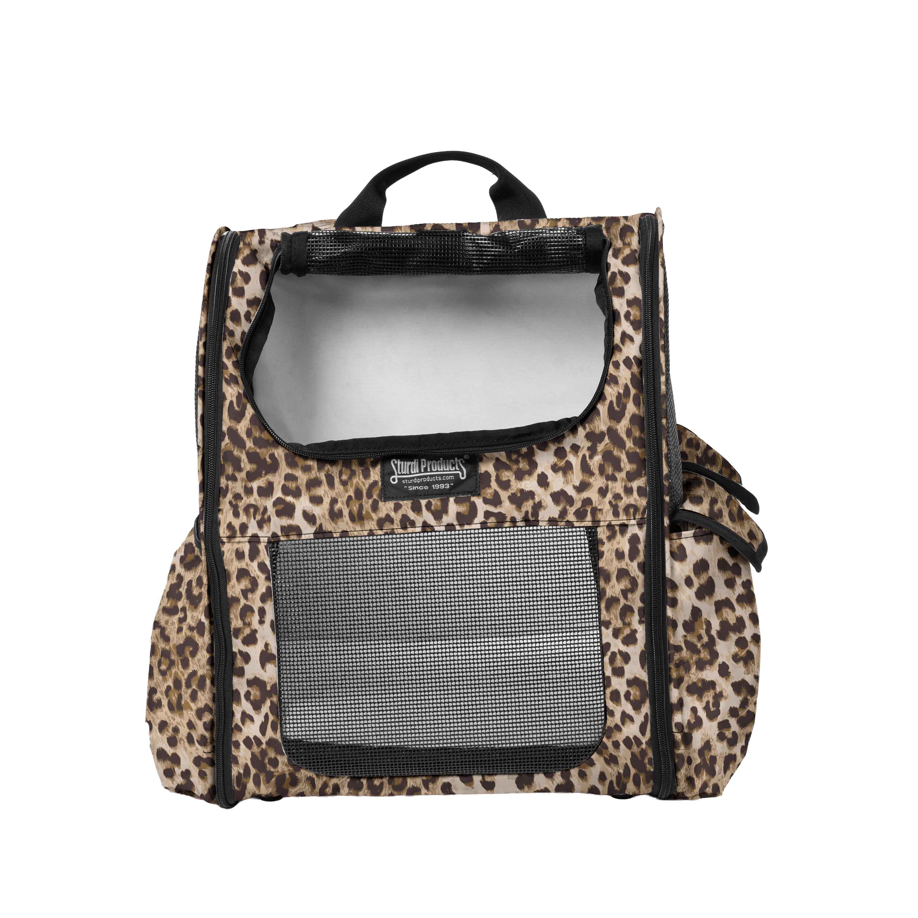 Leopard print pet backpack with mesh windows, black trim, and top handle.