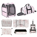 Sakura Nest Grand Champion cat show bundle: pink floral carrier, kennel, grooming station, and accessories.