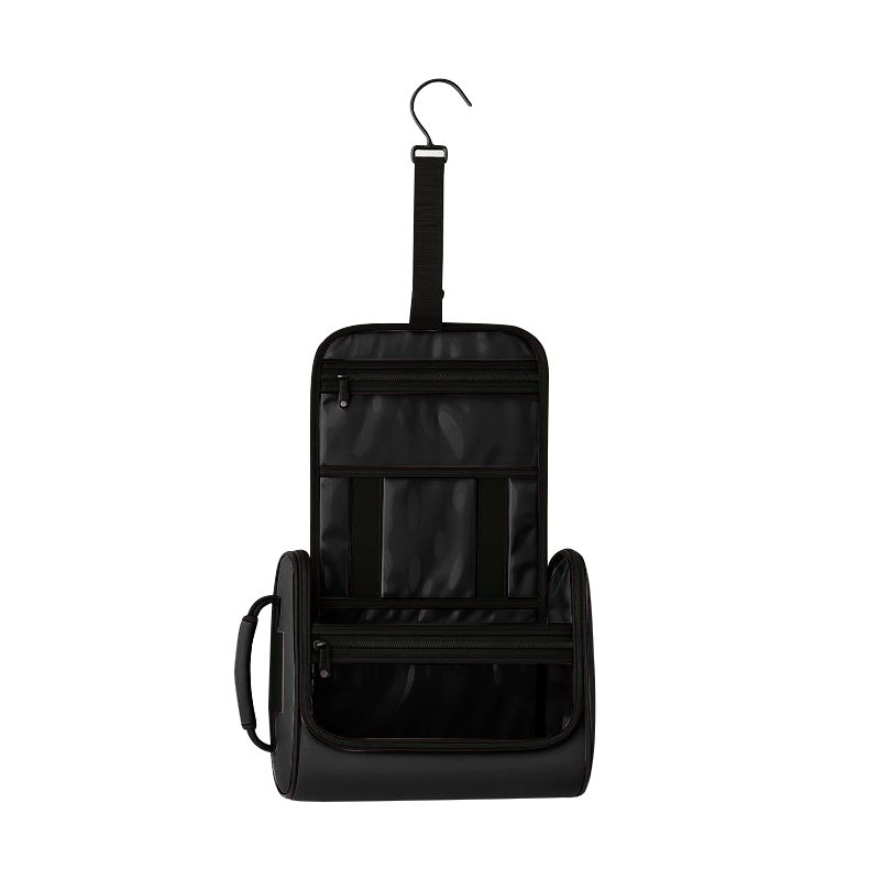 Black hanging pet toiletry organizer with clear vinyl pockets, elastic holders, and a reinforced handle.