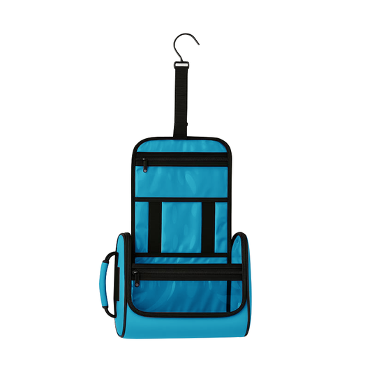 Aqua blue hanging pet toiletry organizer with black zippers, a hook, handle, and clear vinyl pockets.