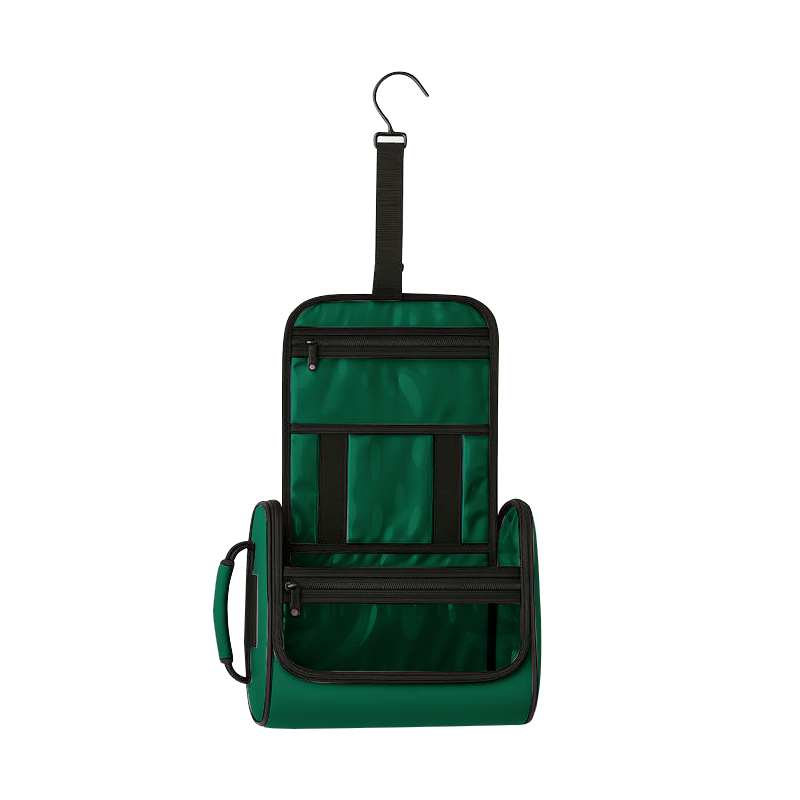 Green hanging pet toiletry organizer with black zippers, clear vinyl pockets, and a metal hook.