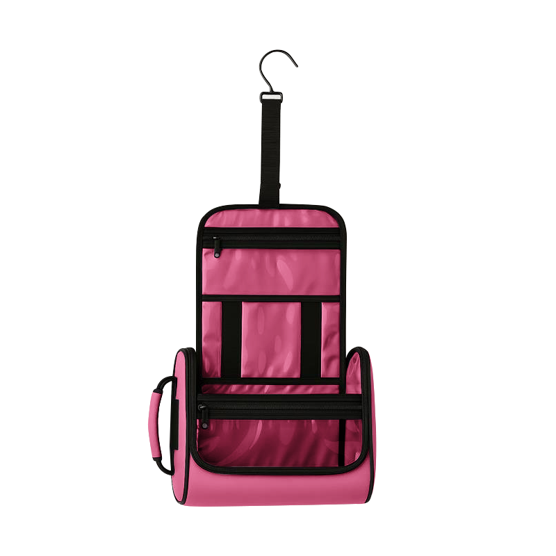 Pink hanging pet toiletry organizer with black zippers, clear vinyl pockets, and a top hook.