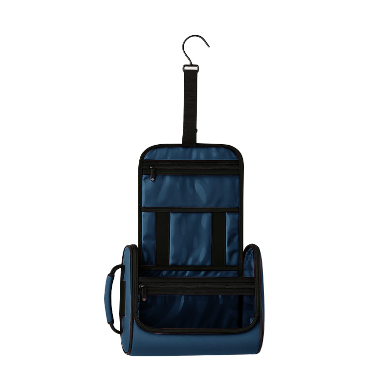 Navy blue hanging pet toiletry organizer with black zippers, clear vinyl pockets, and a metal hook.