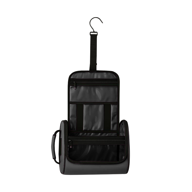 Black hanging pet toiletry organizer with clear vinyl pockets, elastic holders, and a reinforced handle.