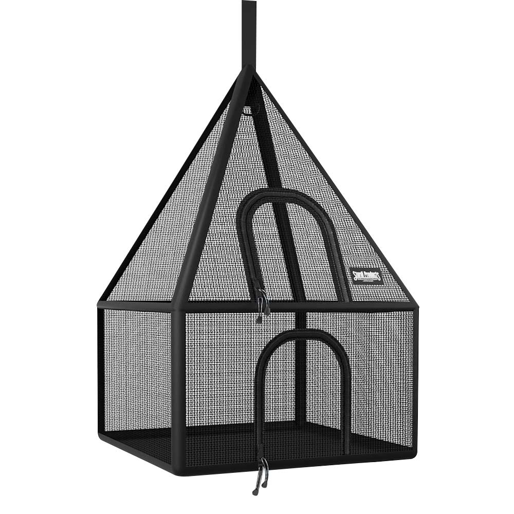 Black mesh hanging pet pyramid hammock with zippered door and adjustable strap.