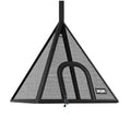 Black mesh hanging pet pyramid hammock with zippered door and adjustable strap.