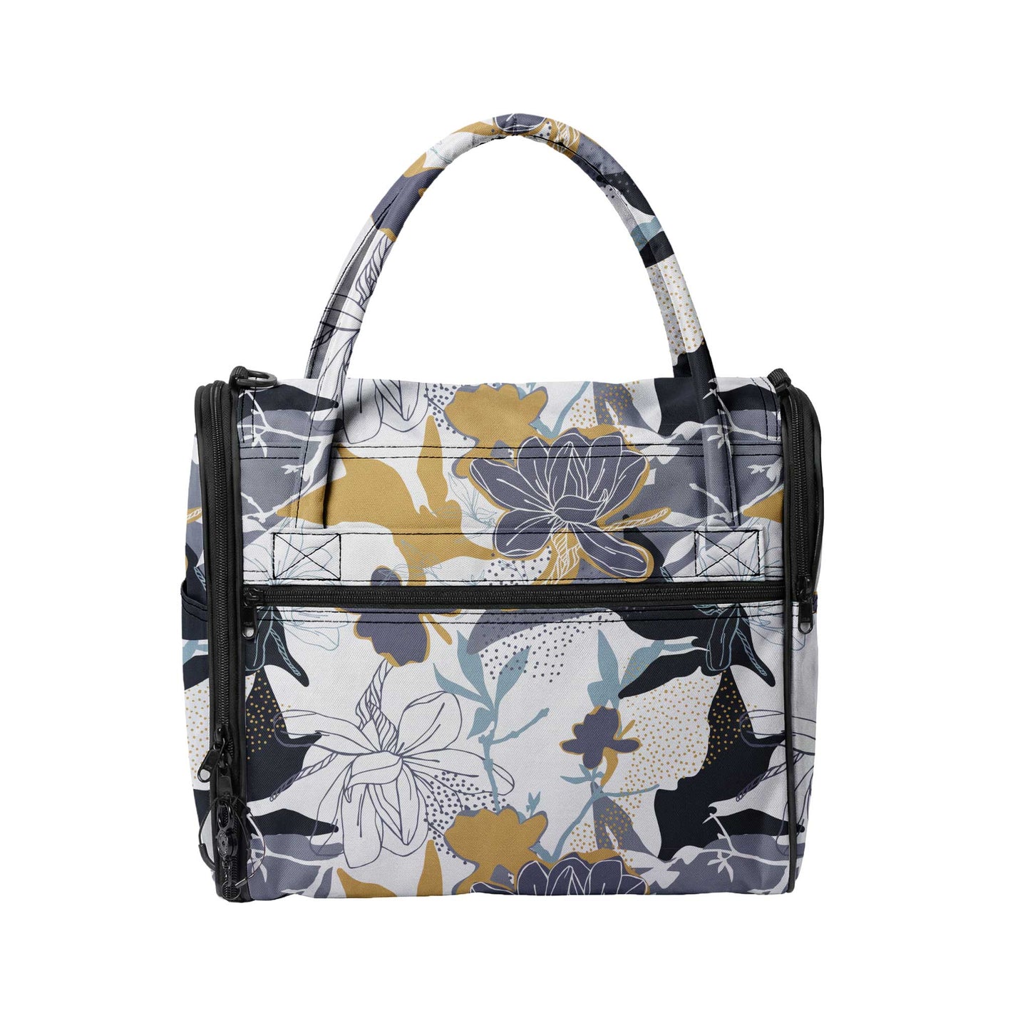 Stylish Incognito pet travel tote with a gray, yellow, and blue floral pattern, black zippers, and top handles.