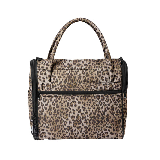 Leopard print Incognito pet travel tote with black zippers and top handles.