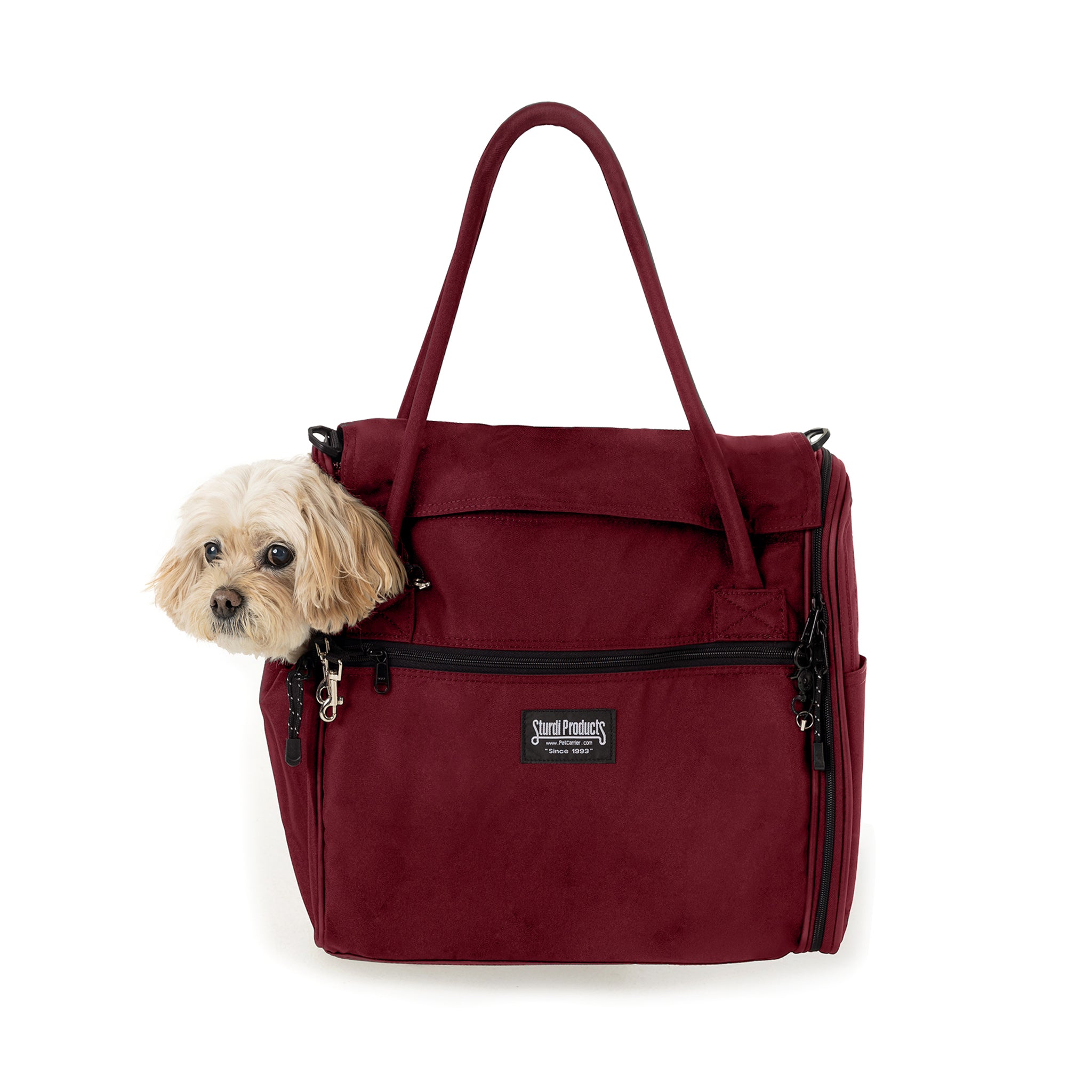Small dog peeking from a dark red Incognito discreet pet travel tote with black zippers and shoulder strap.