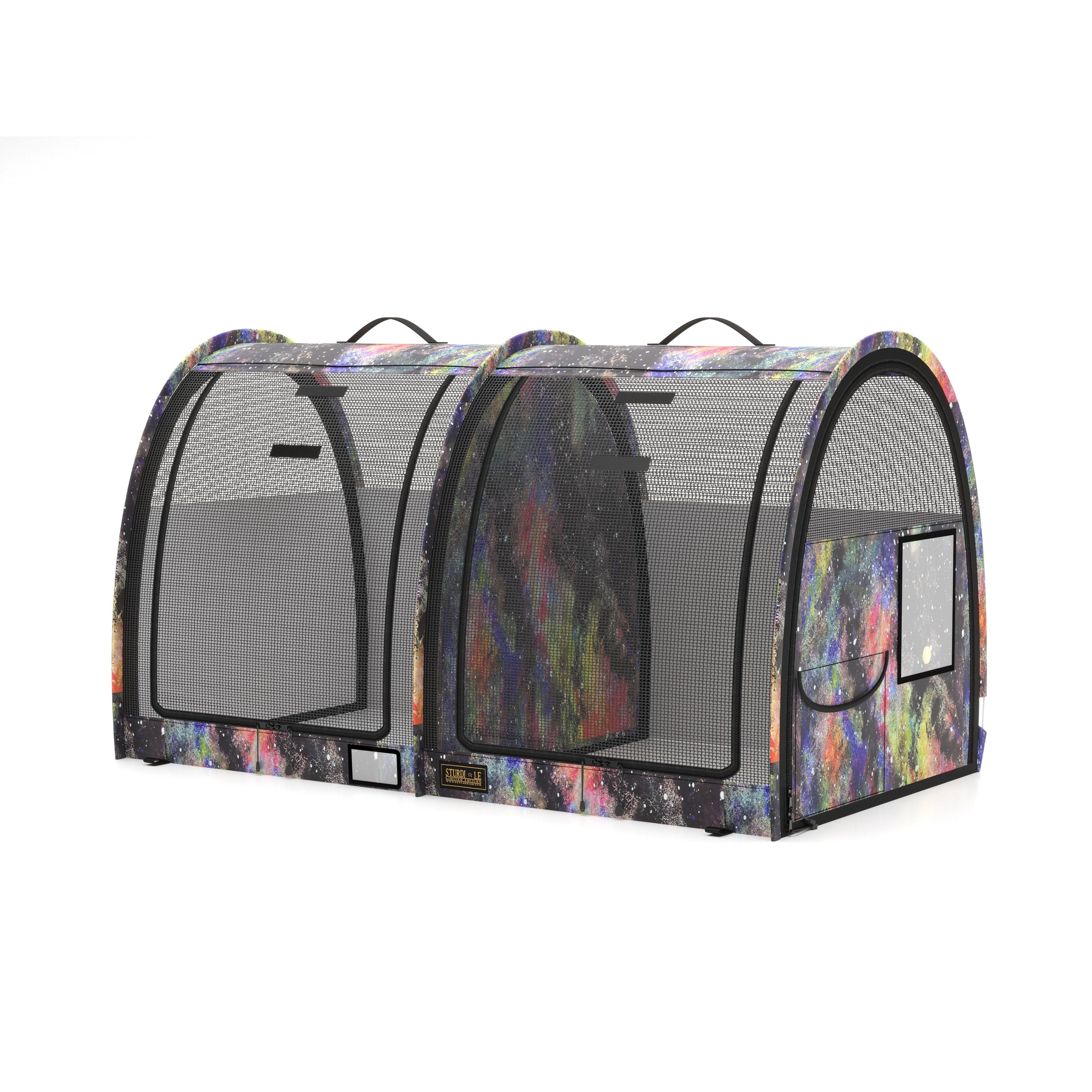 Double pop-up pet kennel with a colorful galaxy print, black mesh doors, and carrying handles.