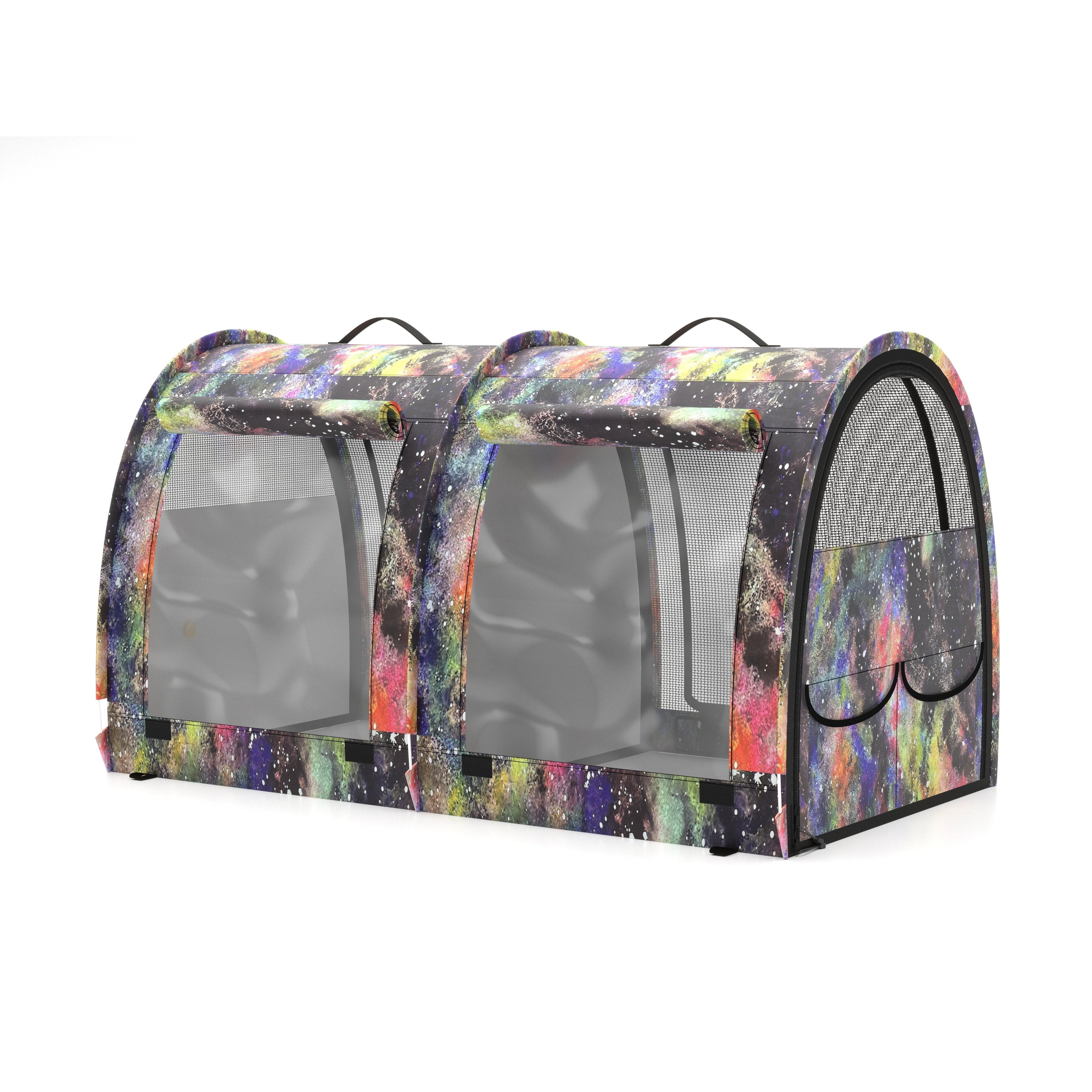 Double pop-up pet kennel in a colorful galaxy print with mesh windows and black trim.