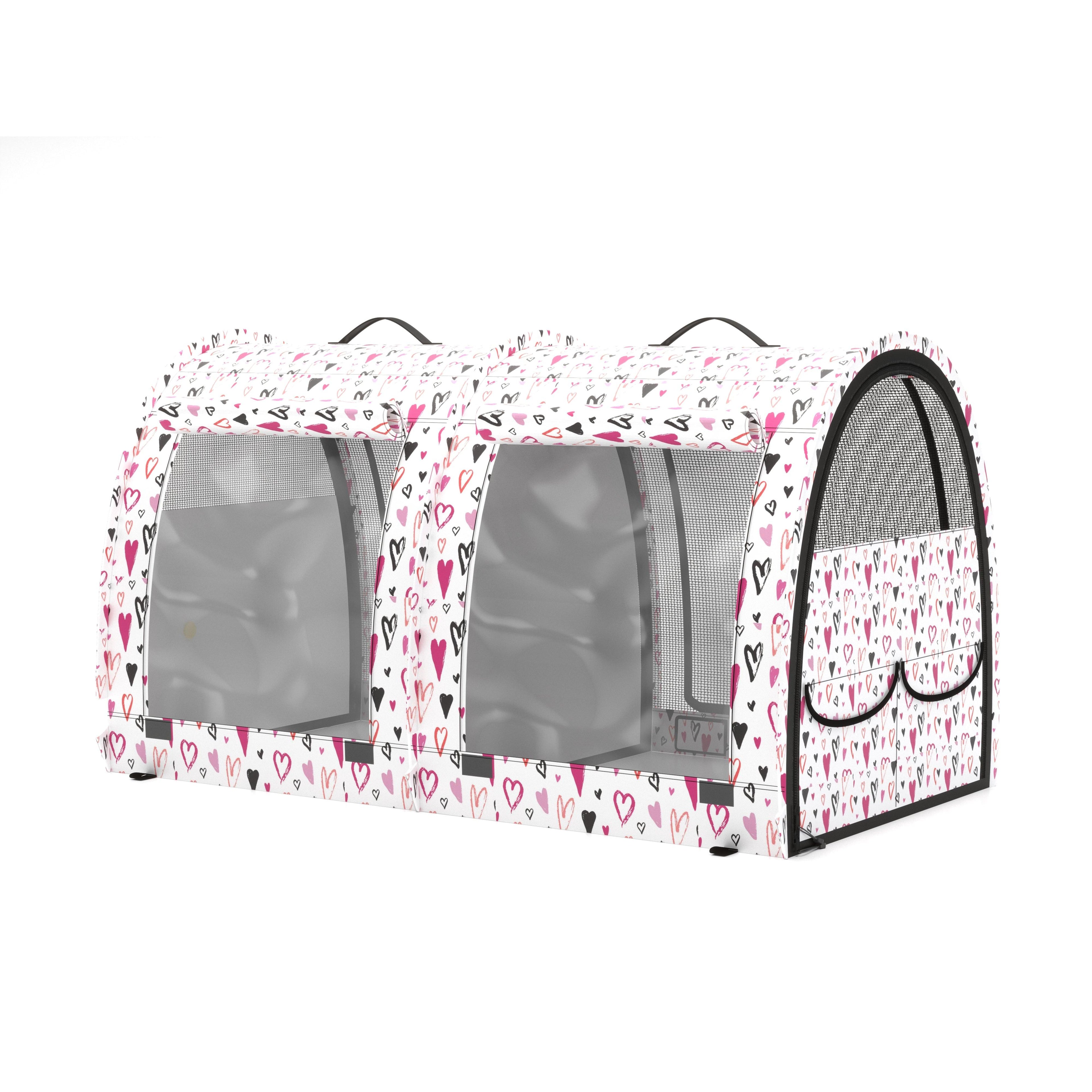 White double pop-up pet kennel with pink and black heart print, mesh windows, and black trim.