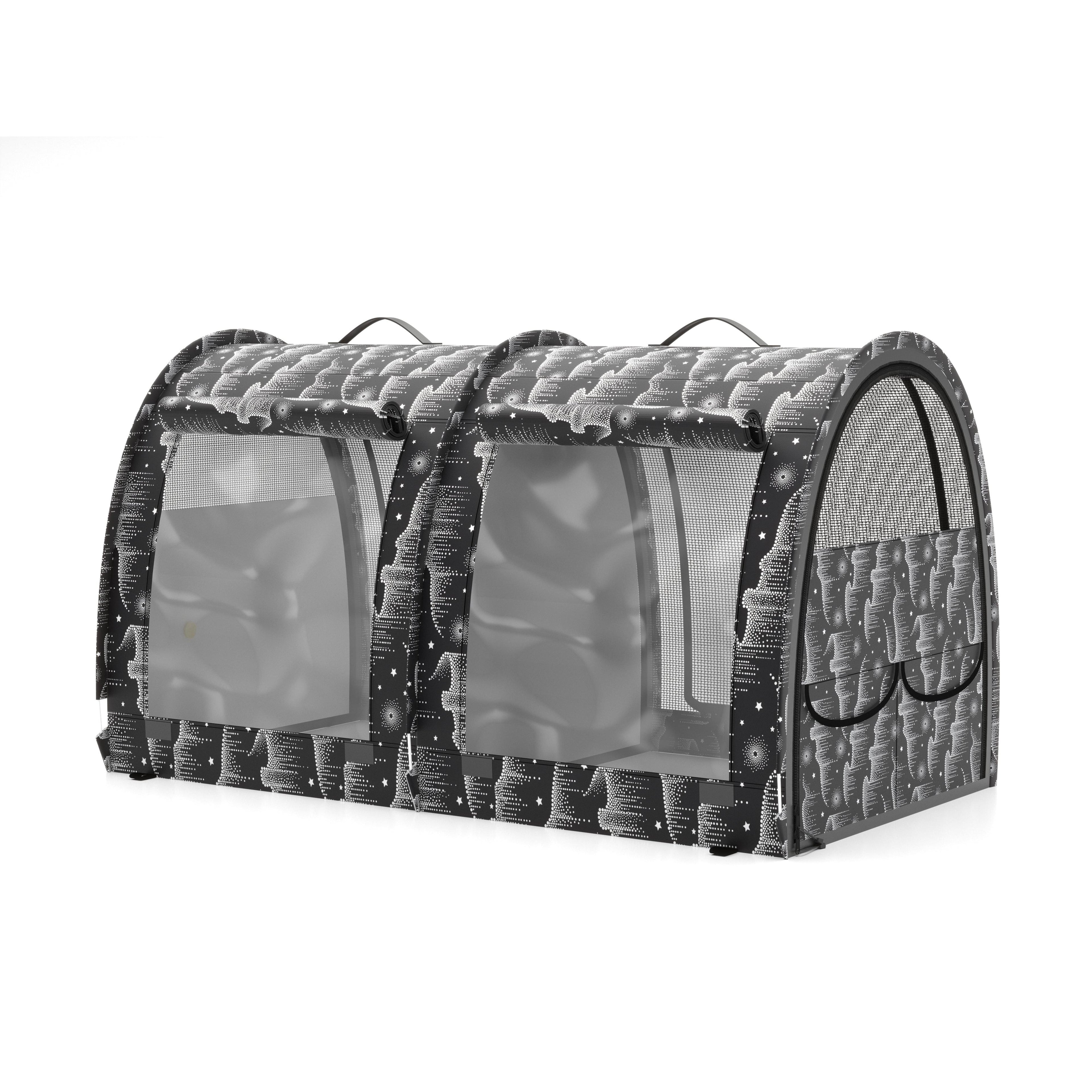 Black double pop-up pet kennel with white abstract pattern, mesh windows, and top handles.