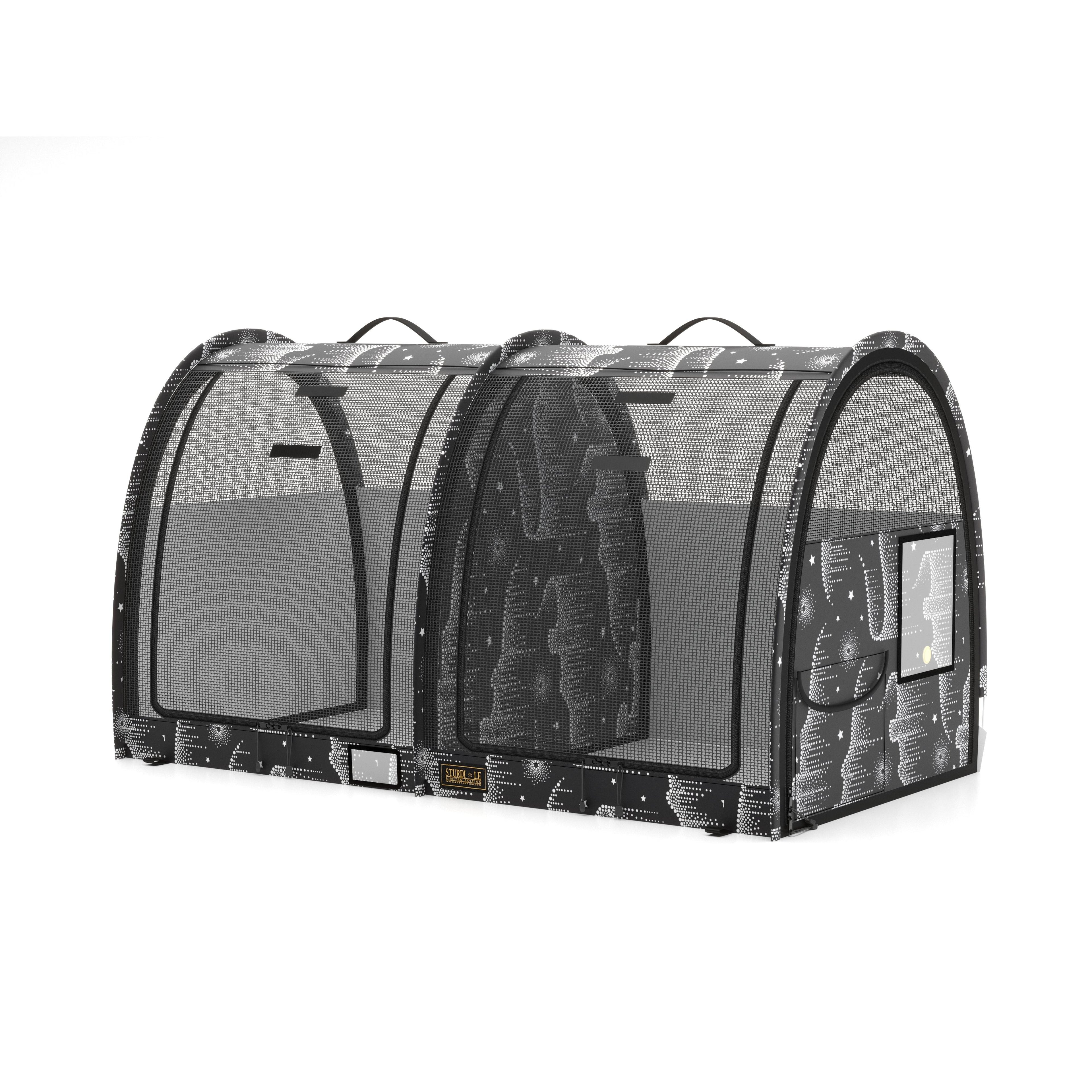 Black and white patterned double pop-up pet kennel with mesh doors, handles, and side pockets.