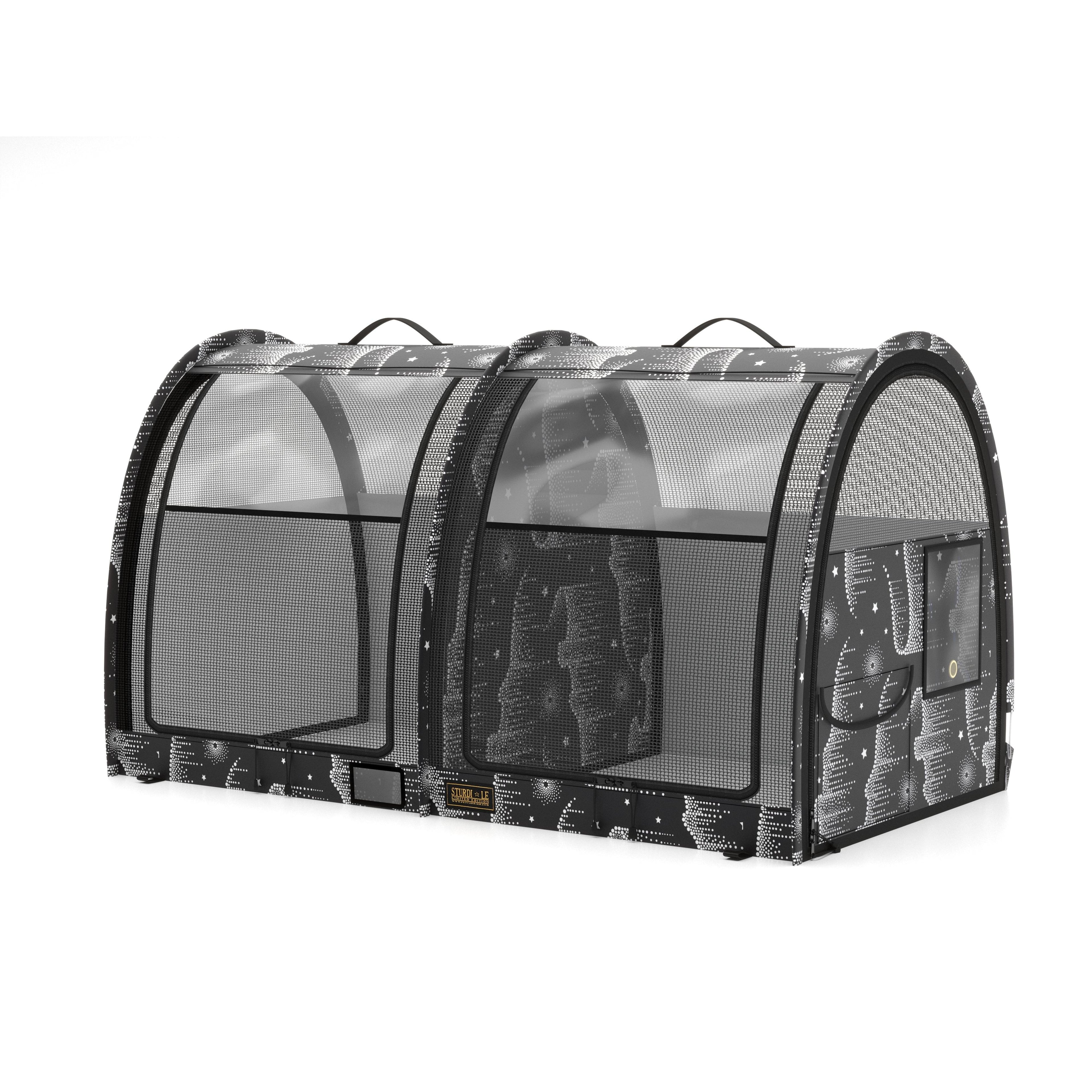 Black and white patterned double pop-up pet kennel with mesh doors and storage pockets.
