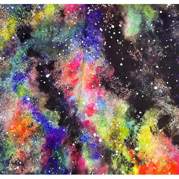 Vibrant watercolor painting of a colorful galaxy with swirling nebulae and white stars on a dark background.