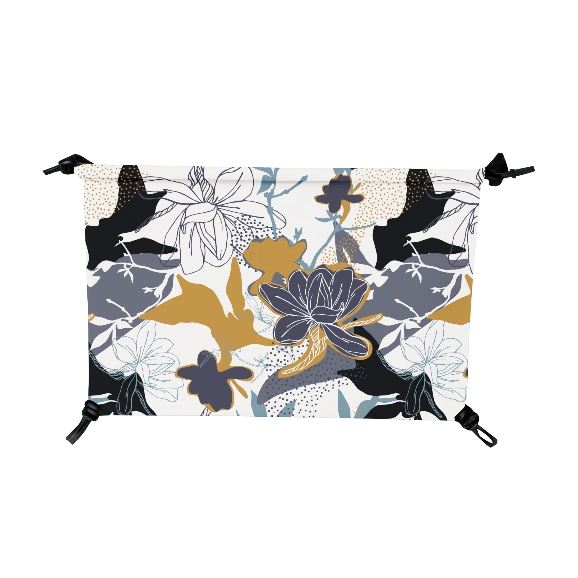 Floral and bird pattern microfiber hammock cover with black corner hooks.