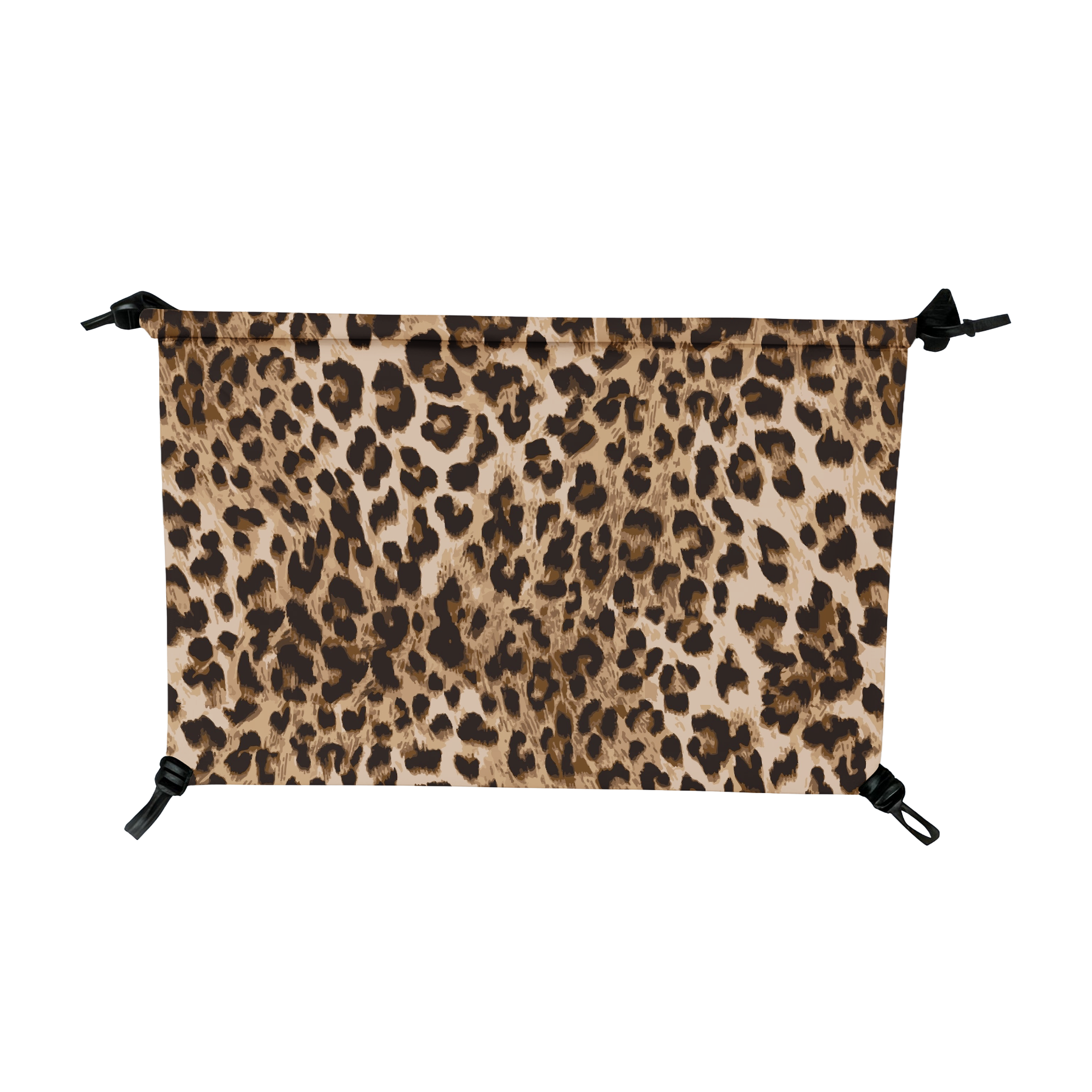 Leopard print microfiber fleece hammock cover with black corner loops.