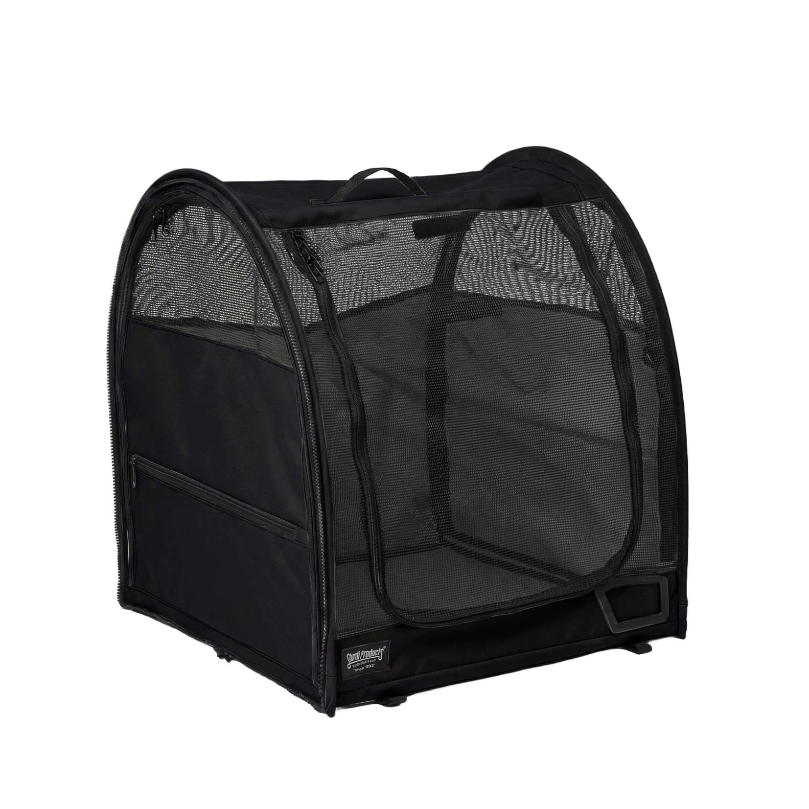 Black Sturdi Pop-Up Kennel, a modular portable pet carrier with mesh sides and zippered front door.