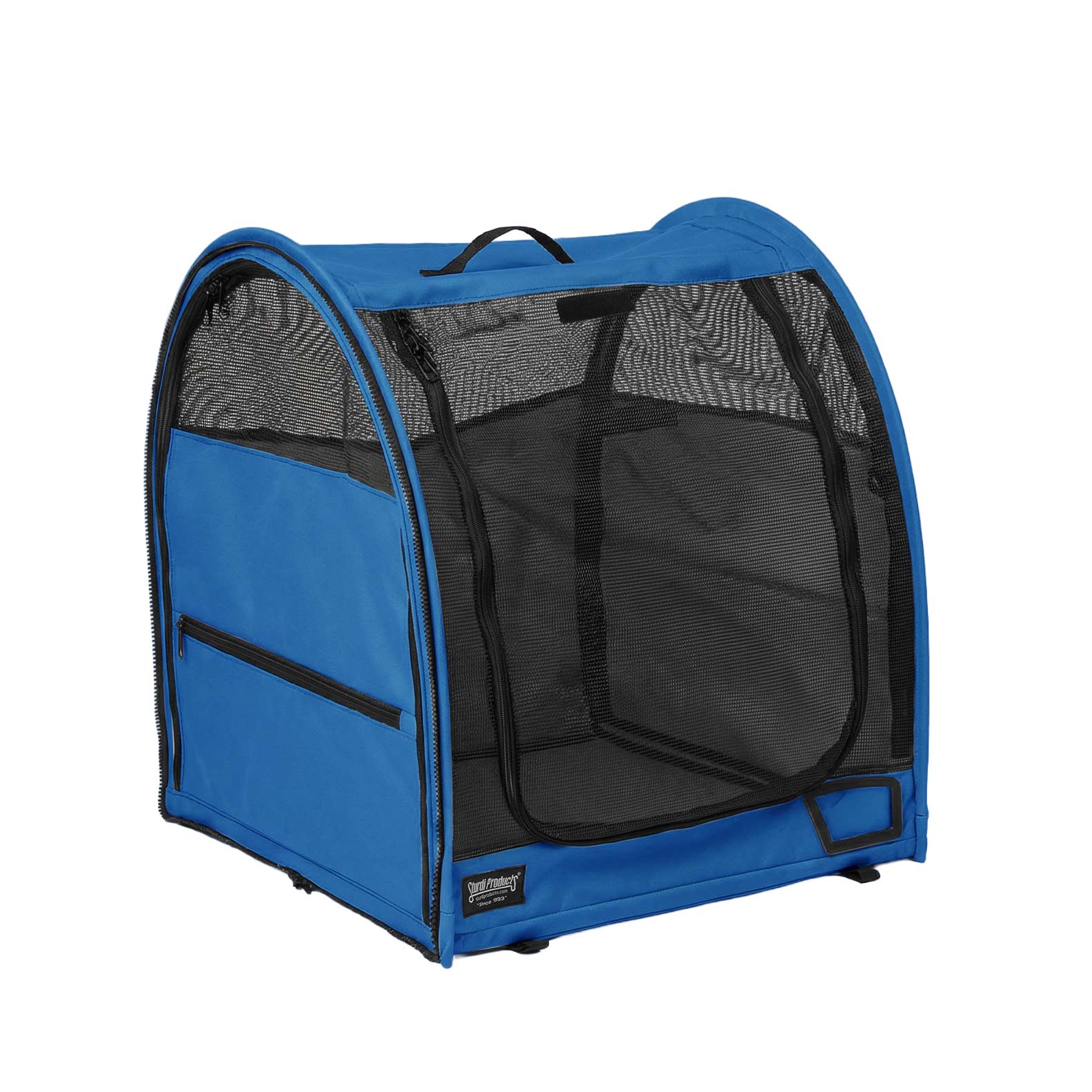 Blue 600D polyester modular portable pop-up pet kennel with mesh doors and side storage pocket.