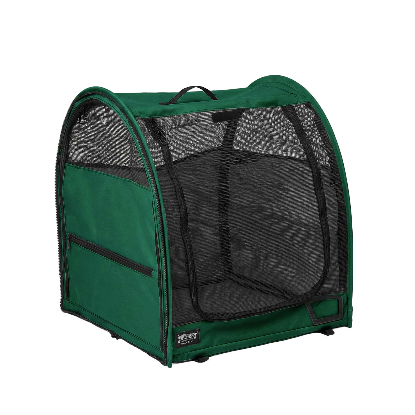 Green modular pop-up pet kennel with mesh doors, side storage, and top handle.