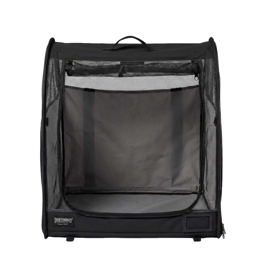 Black Sturdi Products modular pop-up kennel with mesh sides, front opening, and top handle.