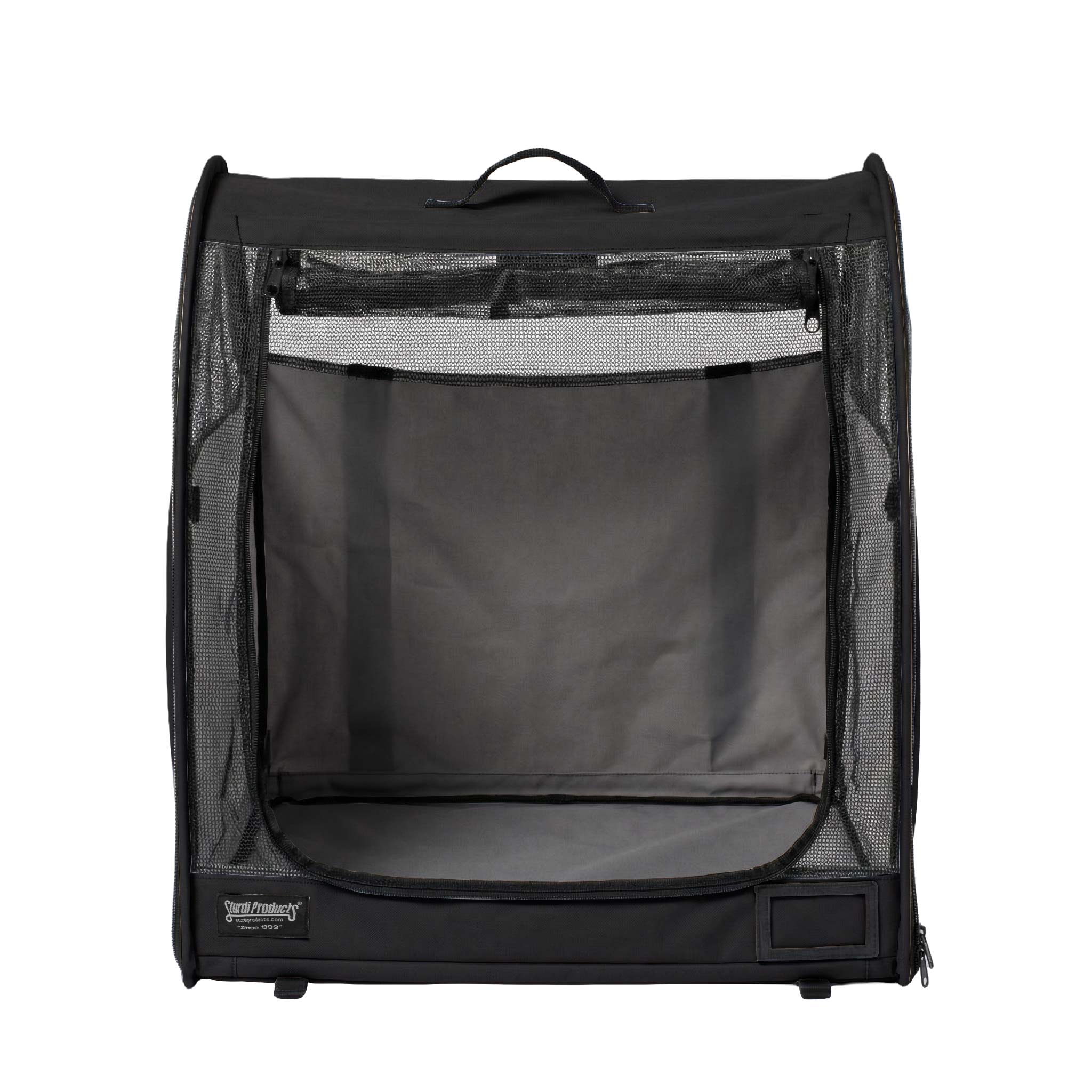 Black Sturdi Products modular pop-up kennel with mesh sides, front opening, and top handle.