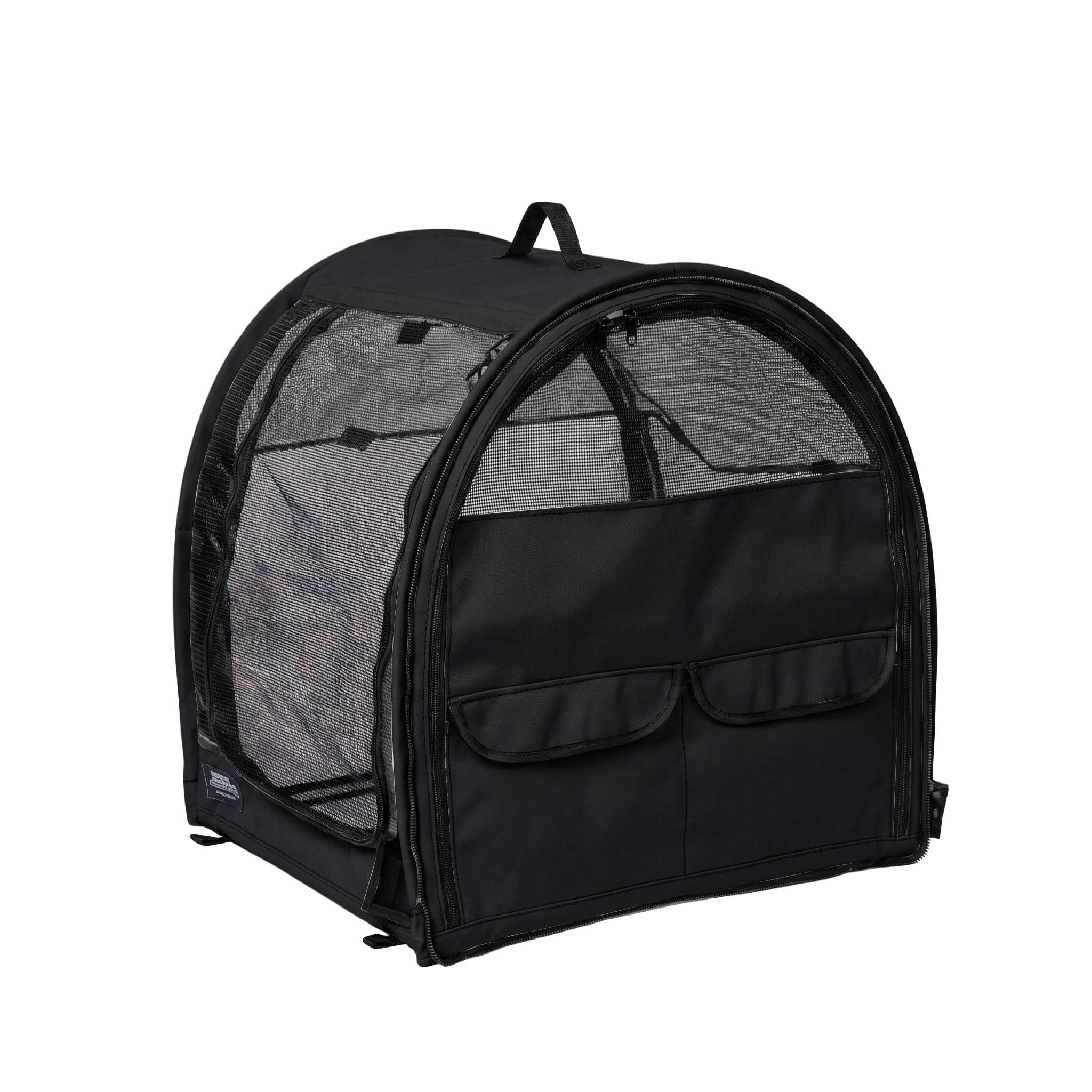 Black modular pop-up pet kennel with mesh sides, front storage pockets, and a top handle.