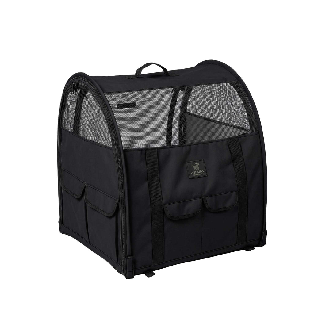 Black 600D polyester modular pop-up pet kennel with mesh top and side windows, front pockets, and carry handle.
