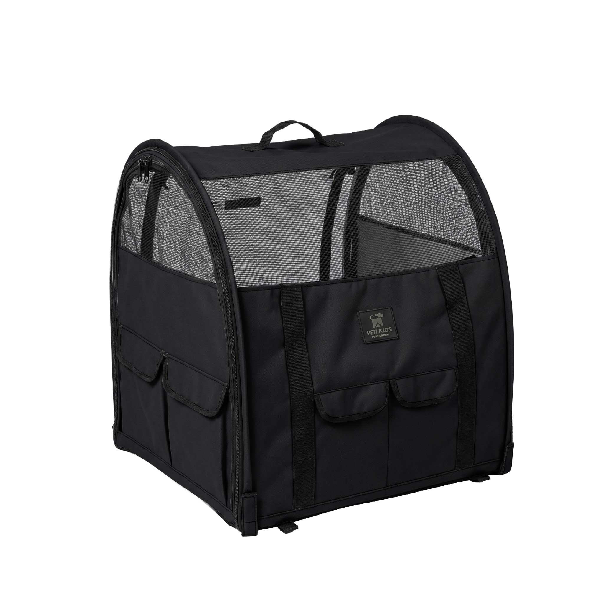 Black 600D polyester modular pop-up pet kennel with mesh top and side windows, front pockets, and carry handle.