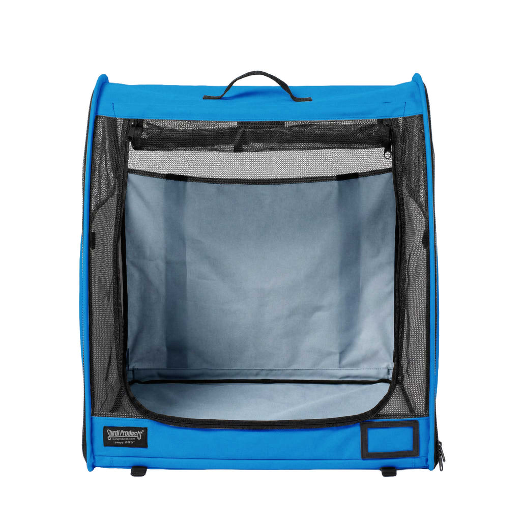 Blue Sturdi Products modular pop-up kennel with mesh door, black trim, and carry handle.