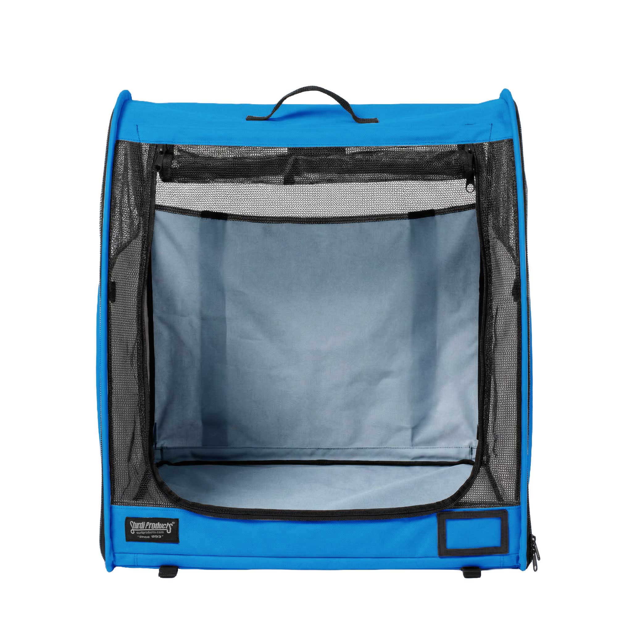 Blue Sturdi Products modular pop-up kennel with mesh door, black trim, and carry handle.