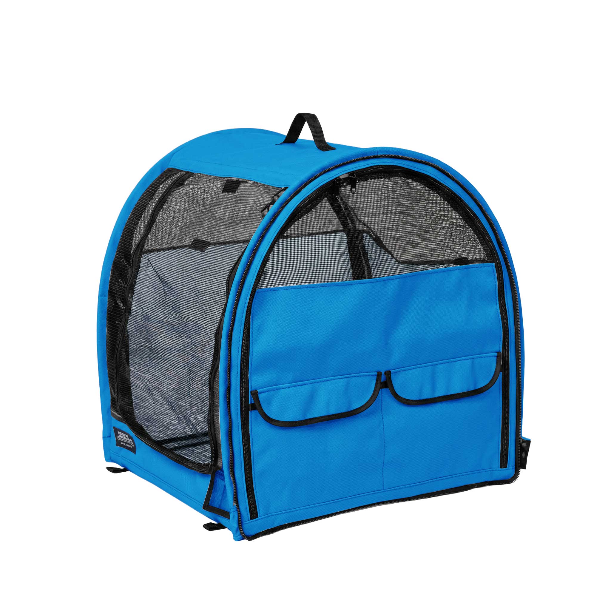 Blue modular pop-up pet kennel with mesh sides, zippered front, and two storage pockets.