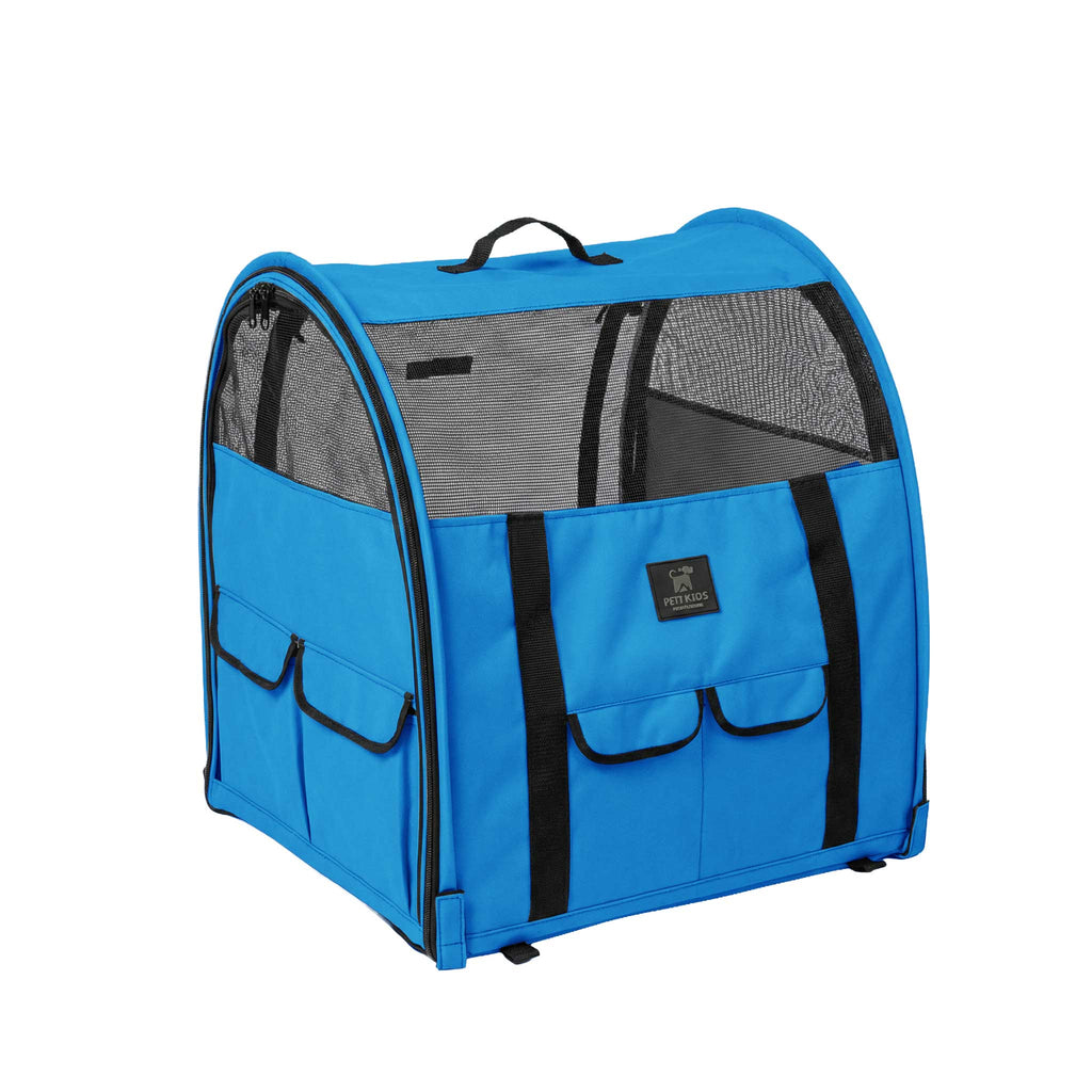 Blue modular portable pop-up pet kennel with mesh windows, black trim, and side storage pockets.
