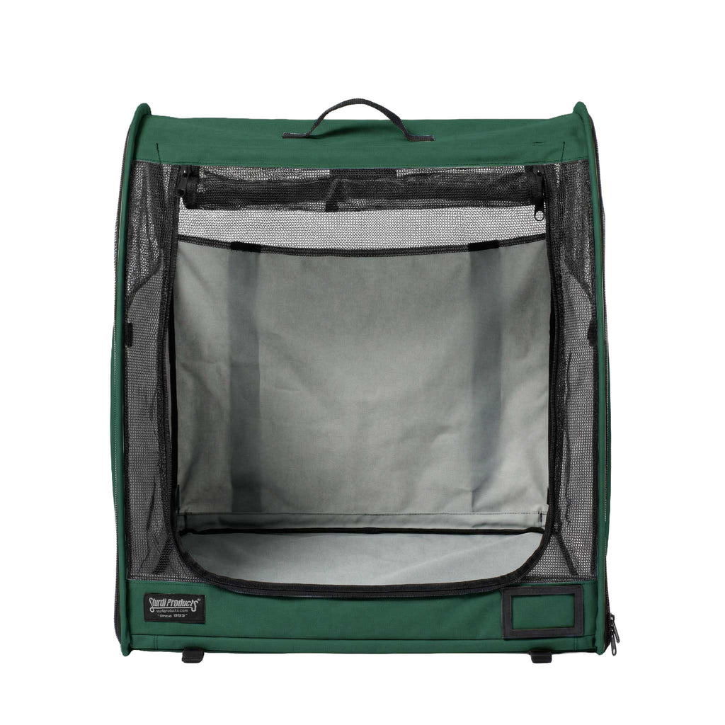 Dark green modular pop-up pet kennel with mesh front and sides, black handle, and Sturdi Products logo.