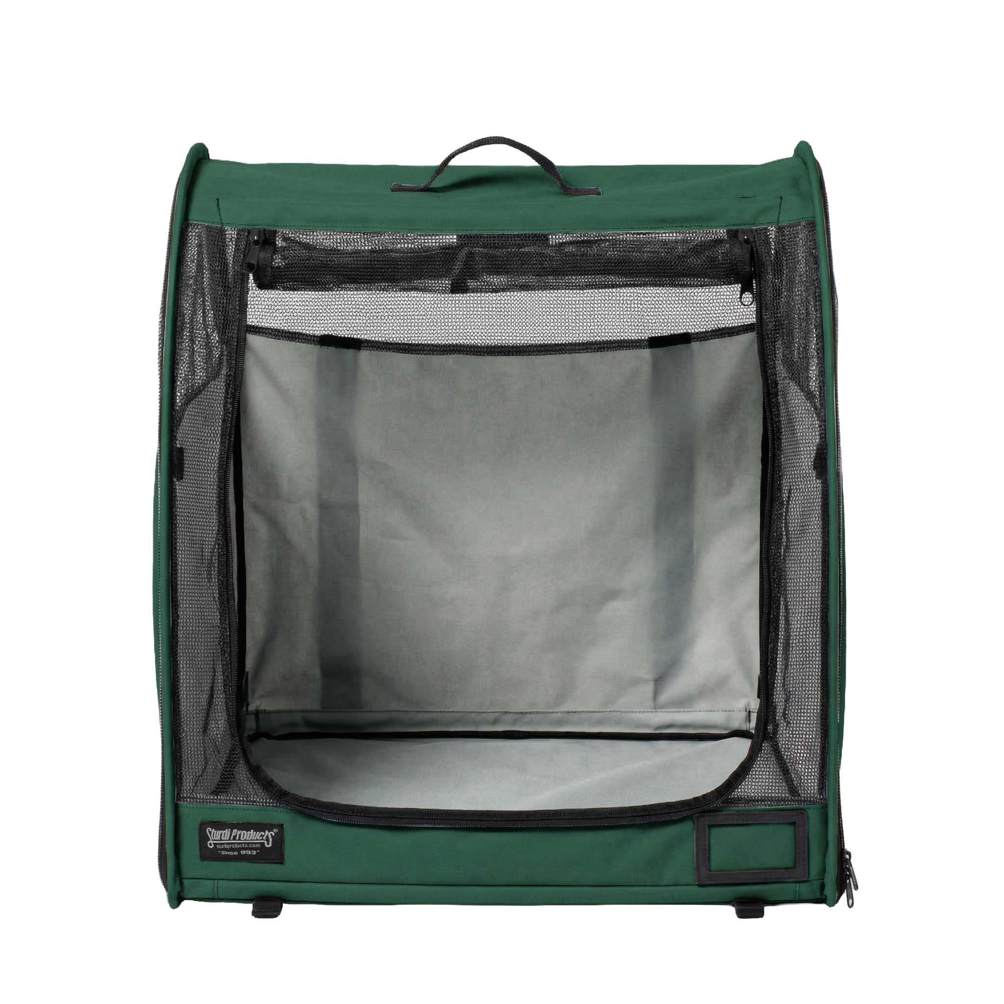 Dark green modular pop-up pet kennel with mesh front and sides, black handle, and Sturdi Products logo.