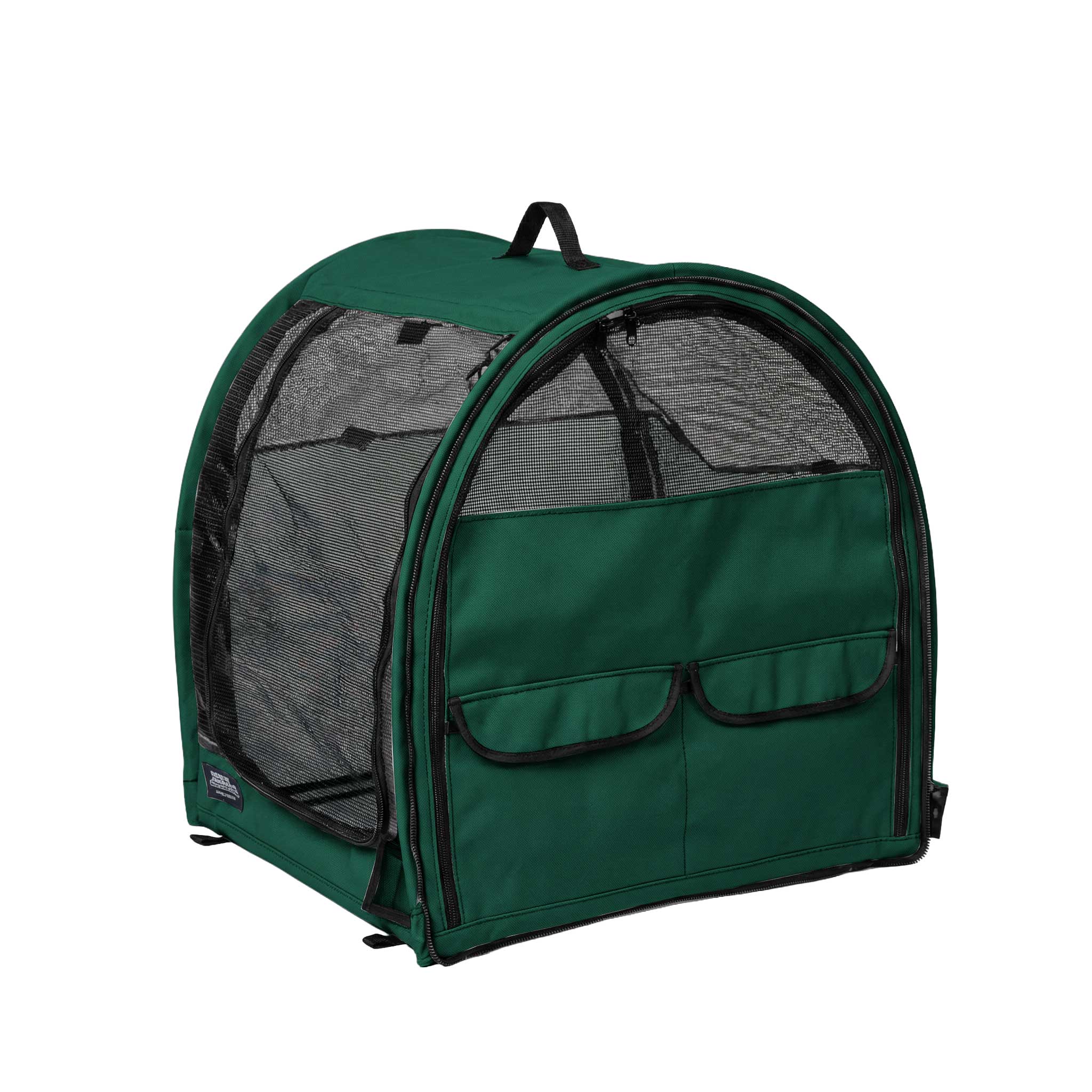 Dark green modular pop-up pet kennel with mesh sides, front pockets, and a top handle.