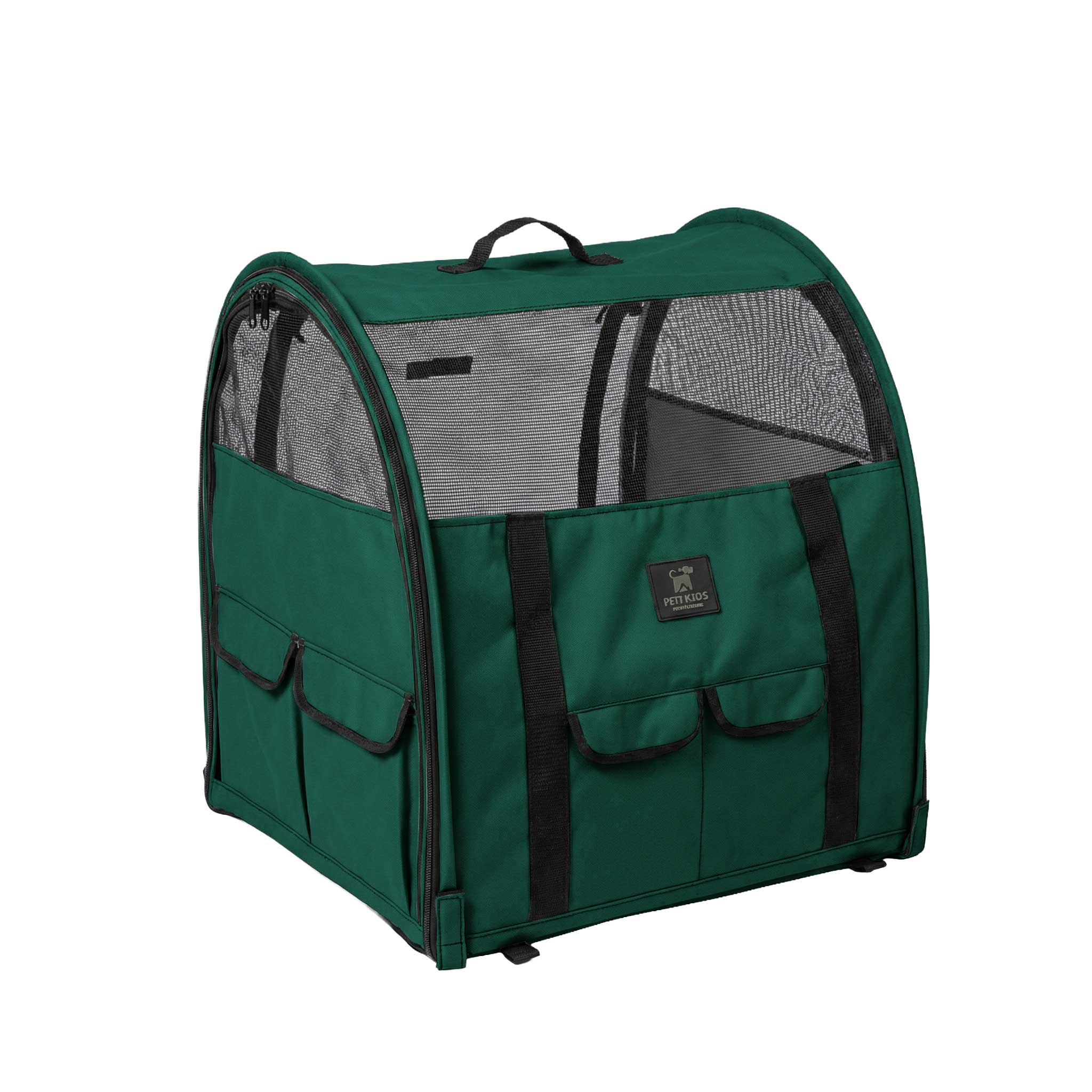 Dark green modular pop-up pet kennel with mesh windows, multiple storage pockets, and a top handle.