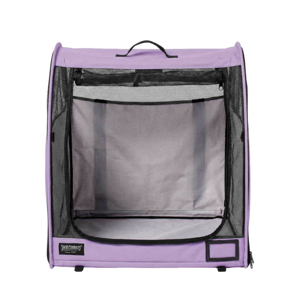 Lavender Sturdi Products modular pop-up pet kennel with mesh doors, black trim, and a top handle.
