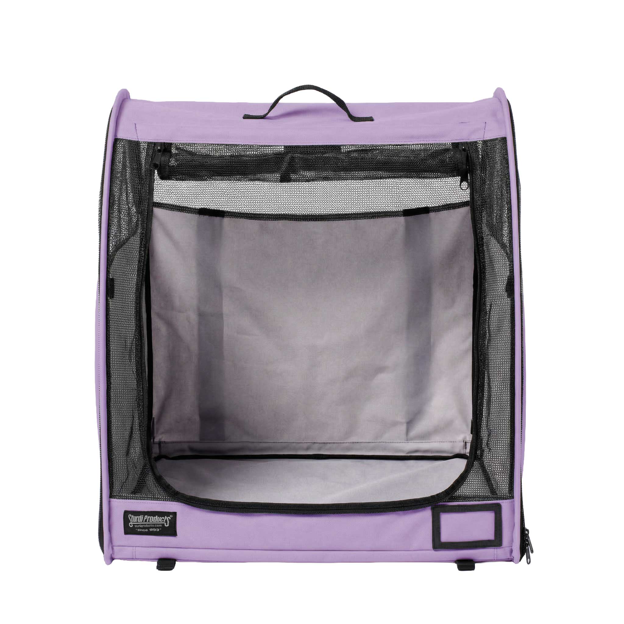 Lavender Sturdi Products modular pop-up pet kennel with mesh doors, black trim, and a top handle.
