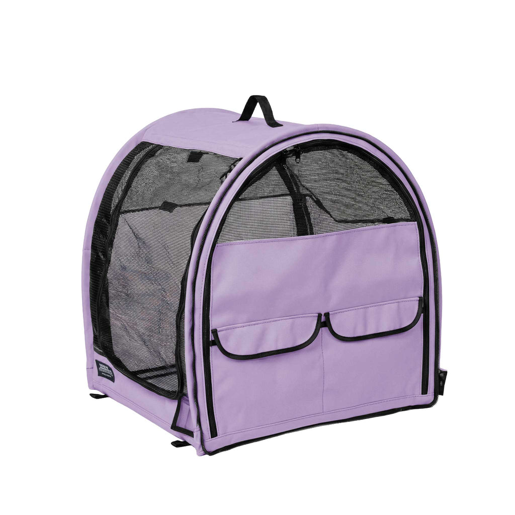 Lavender modular pop-up pet kennel with mesh sides, black trim, and front storage pockets.