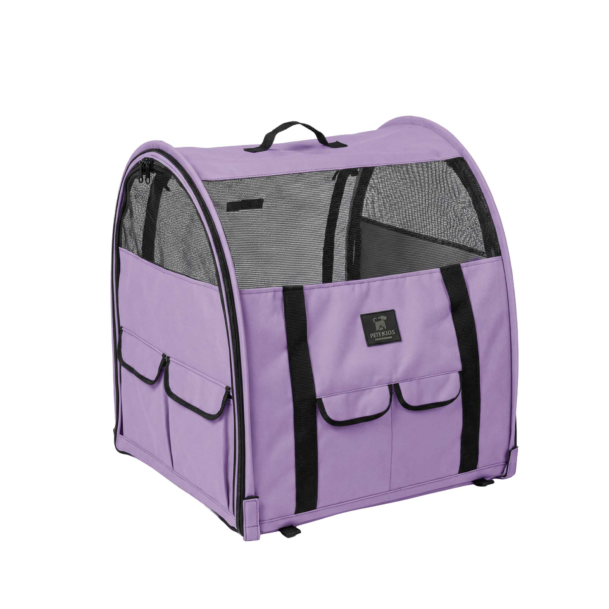 Purple modular pop-up pet kennel with mesh windows, black trim, and side storage pockets.
