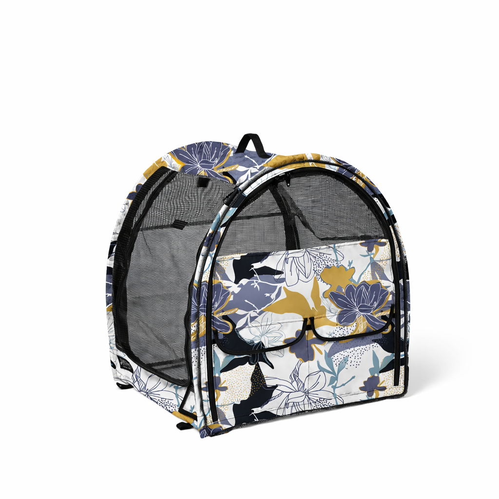 Floral print modular pop-up pet kennel with mesh sides, front pocket, and black trim.