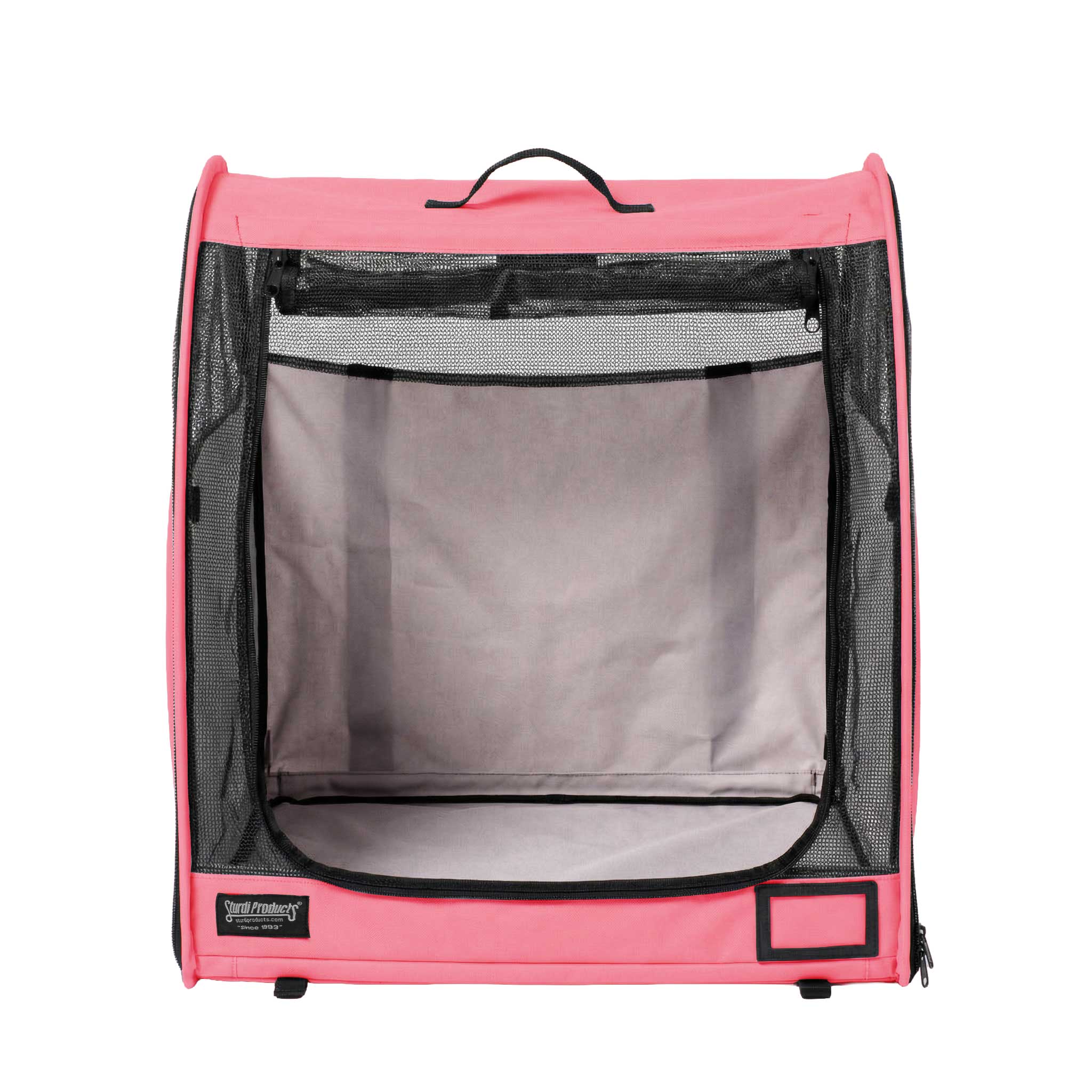 Pink Sturdi Products pop-up kennel with black mesh sides, top handle, and zippered modular design.