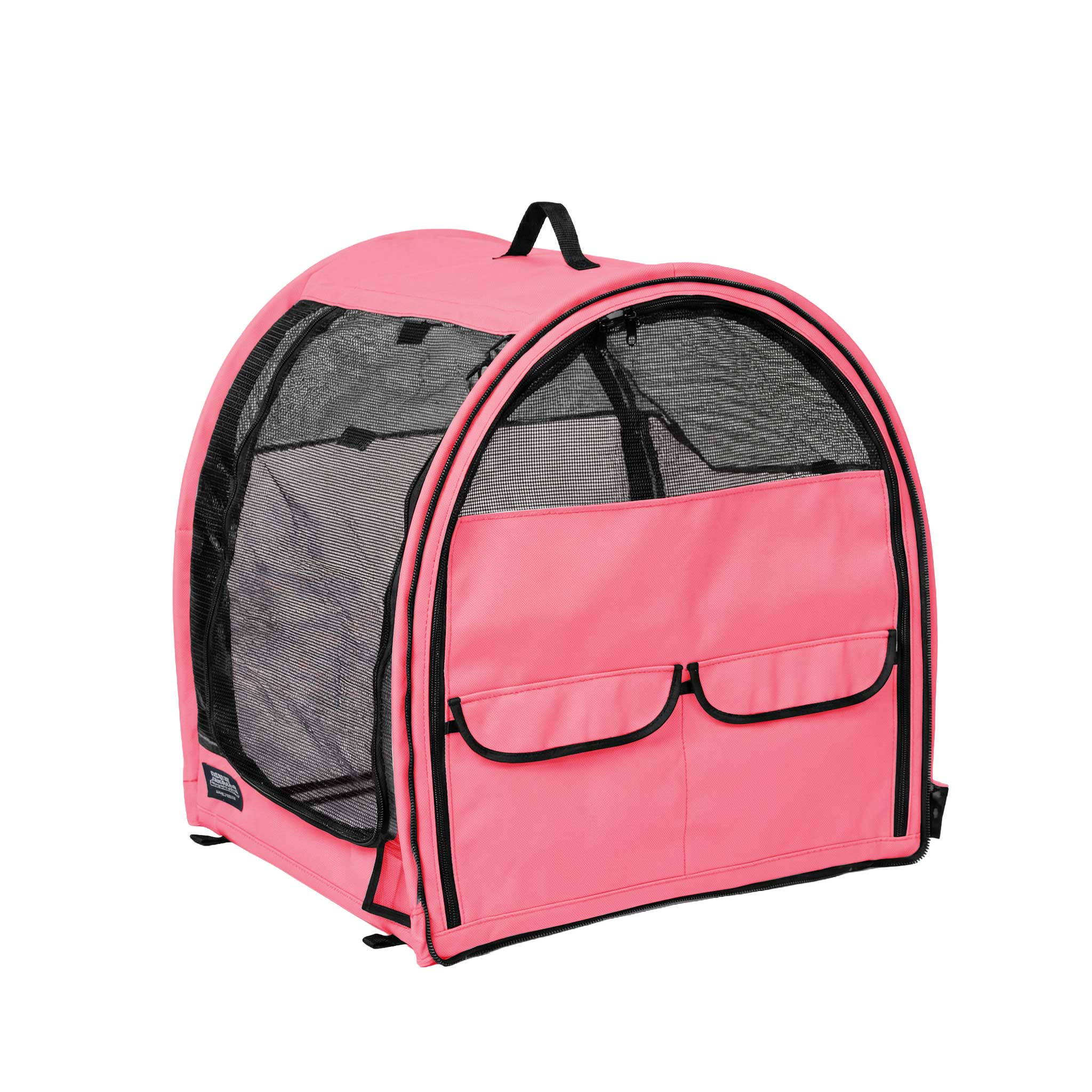 Pink modular pop-up pet kennel with mesh sides, zippered front, and storage pockets.