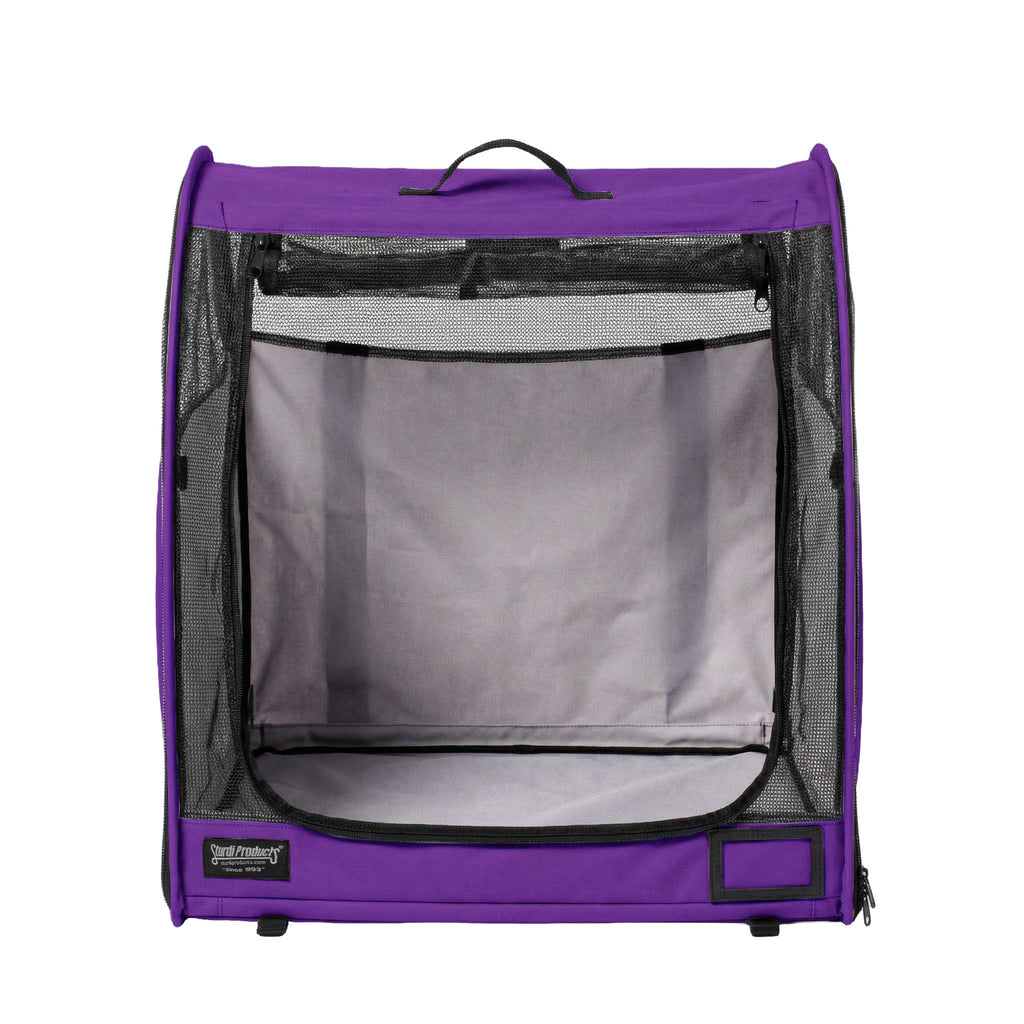 Purple Sturdi Pop-Up Kennel, a modular portable pet carrier with mesh sides and a top handle.