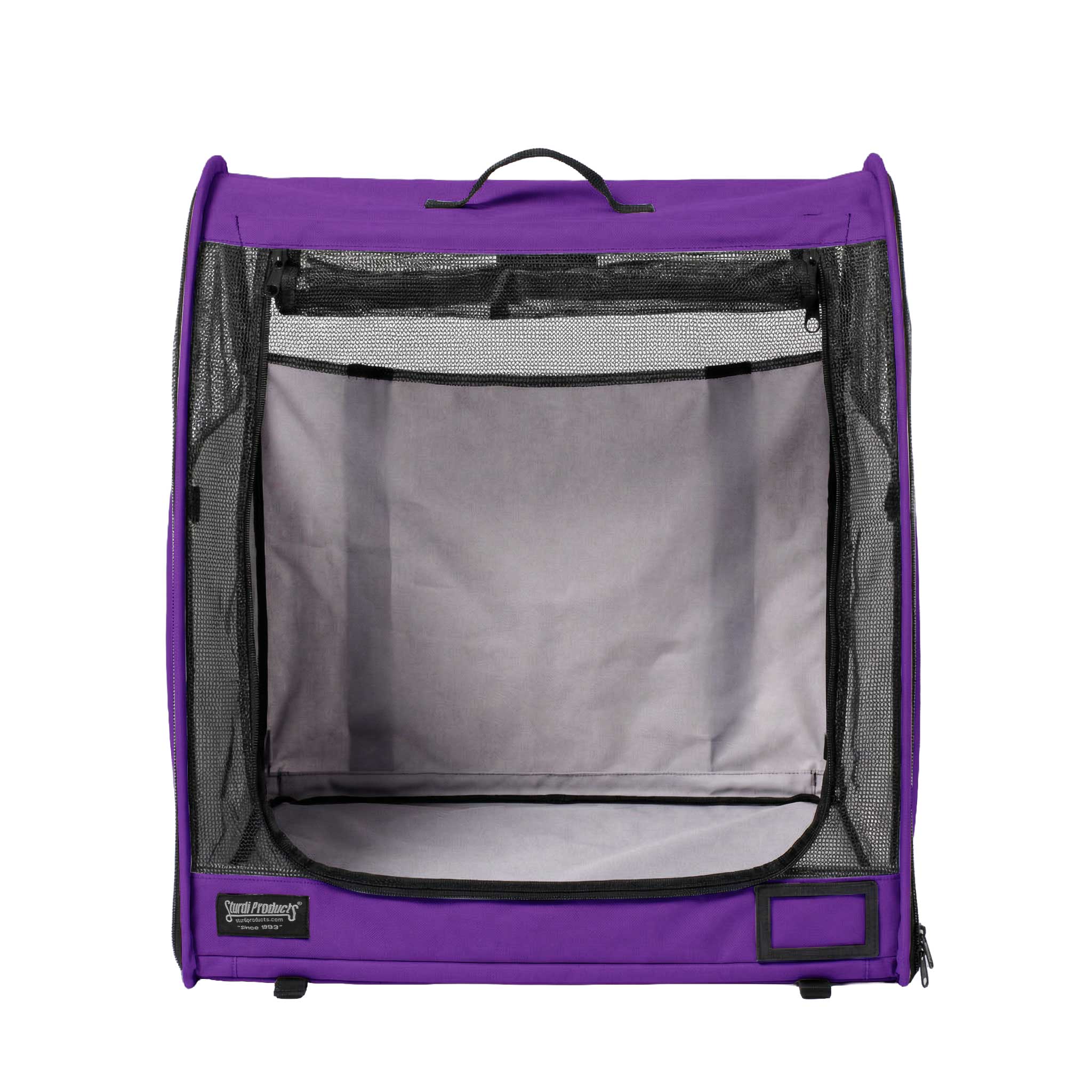 Purple Sturdi Pop-Up Kennel, a modular portable pet carrier with mesh sides and a top handle.