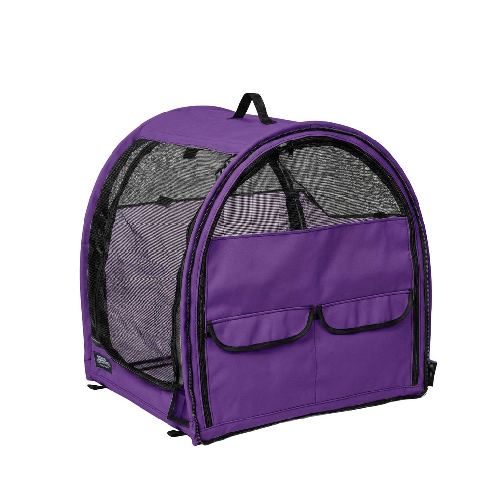 Purple 600D polyester modular pop-up pet kennel with mesh doors, storage pockets, and carry handle.