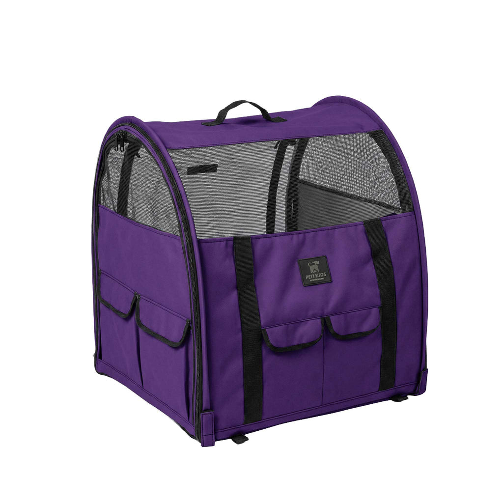 Purple 600D polyester modular pop-up kennel with mesh windows, black zippers, and storage pockets.