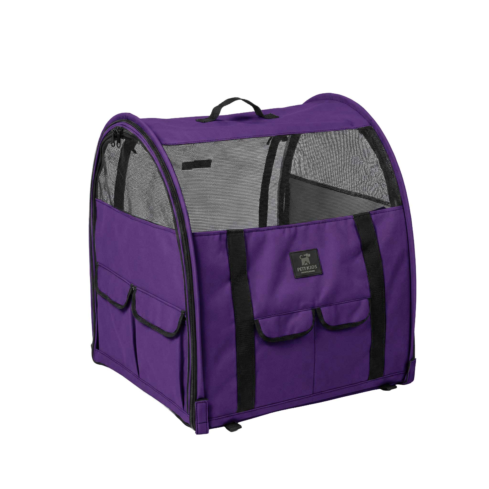 Purple 600D polyester modular pop-up kennel with mesh windows, black zippers, and storage pockets.